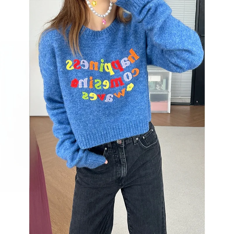 Blue ort Knitted Sweater with Letters Loose round Ne Cute Top Overhead Sle Commute Faion Straight Cut Long Sve
Blue ort Knitted Sweater with Letters Loose round Ne Cute Top Overhead Sle Commute Faion Straight Cut Long Sve
