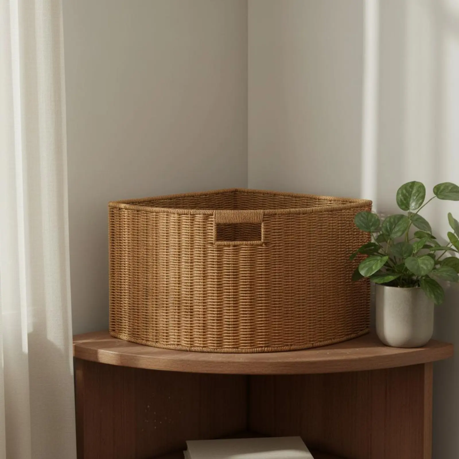 Imitation Rattan Corner Basket Handwoven Look Fan Shaped Storage Bin Woven Triangle Bin Rustic Design Fan-Shaped Hamper
Imitation Rattan Corner Basket Handwoven Look Fan Shaped Storage Bin Woven Triangle Bin Rustic Design Fan-Shaped Hamper