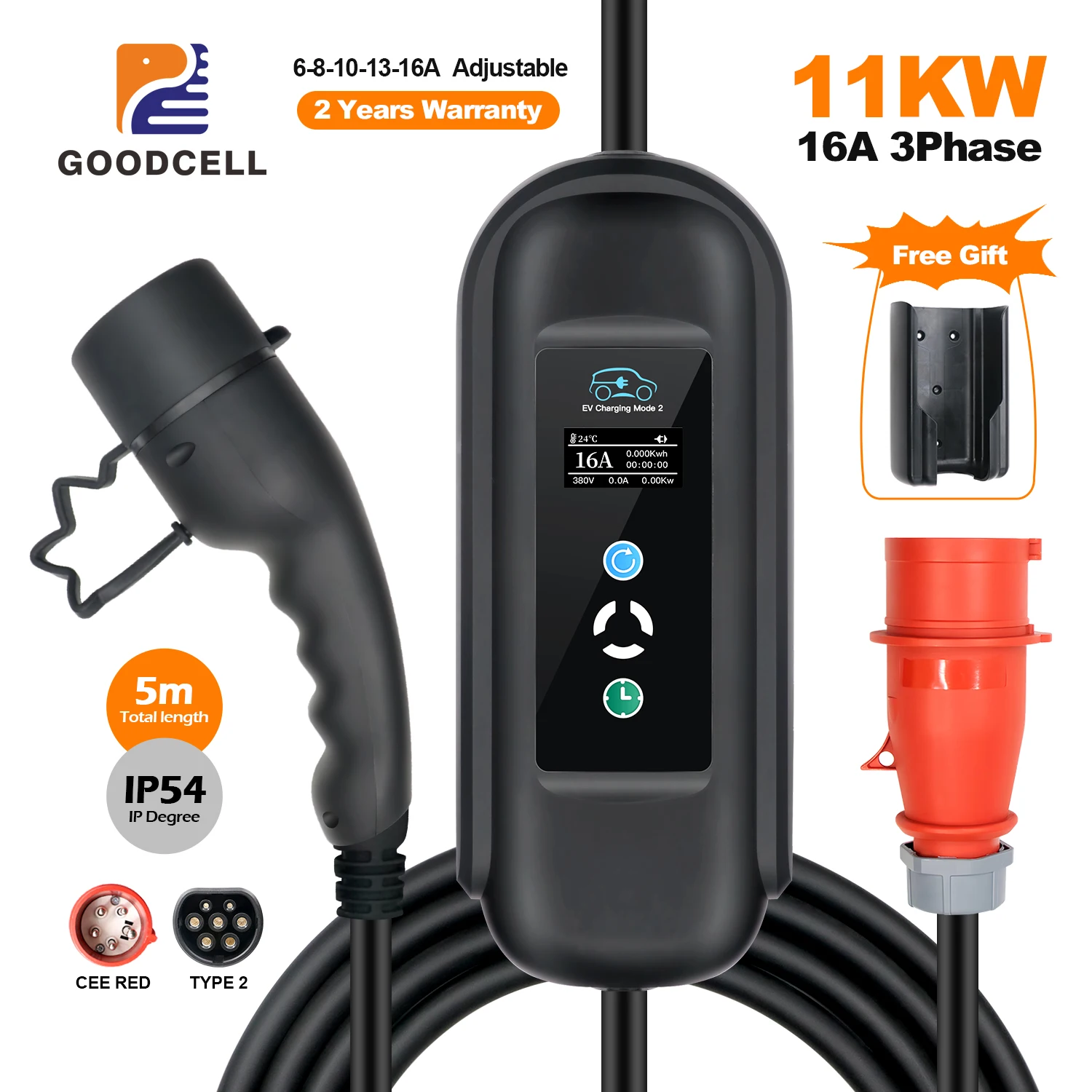 GOODCELL Mobile EV Charger 16A 11KW Type 2 Plug Adjust Current Timer Charging For Hybrid Eletric Vehicle Cars 5M Cable
GOODCELL Mobile EV Charger 16A 11KW Type 2 Plug Adjust Current Timer Charging For Hybrid Eletric Vehicle Cars 5M Cable