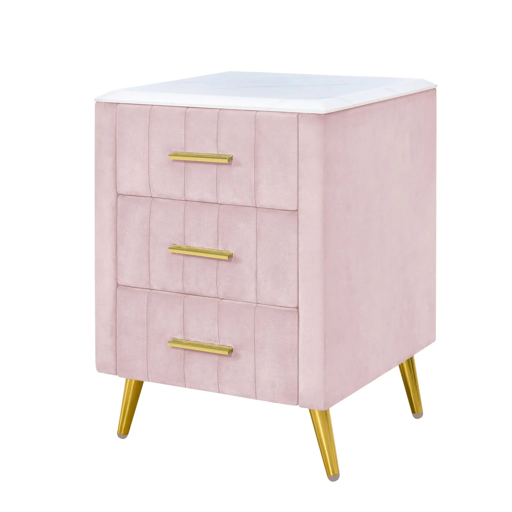 Upholstered Wooden Nightstand with 3 Drawers and Metal Legs&Handles,Fully Assembled Except Legs&Handles, Worktop - Pink
Upholstered Wooden Nightstand with 3 Drawers and Metal Legs&Handles,Fully Assembled Except Legs&Handles, Worktop - Pink