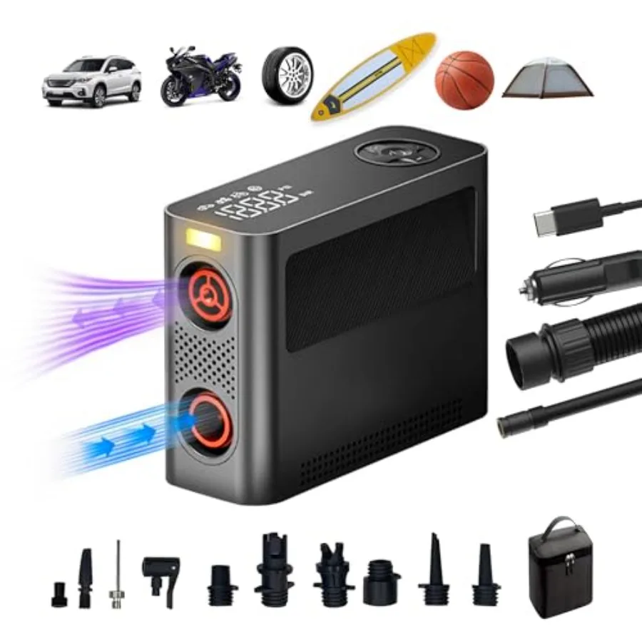 150 PSI Portable Air Pump Rechargeable Tire Inflator with 8 Modes Dual-Power Option Auto-Stop for Car Tires SUP Paddle Board Po
150 PSI Portable Air Pump Rechargeable Tire Inflator with 8 Modes Dual-Power Option Auto-Stop for Car Tires SUP Paddle Board Po
