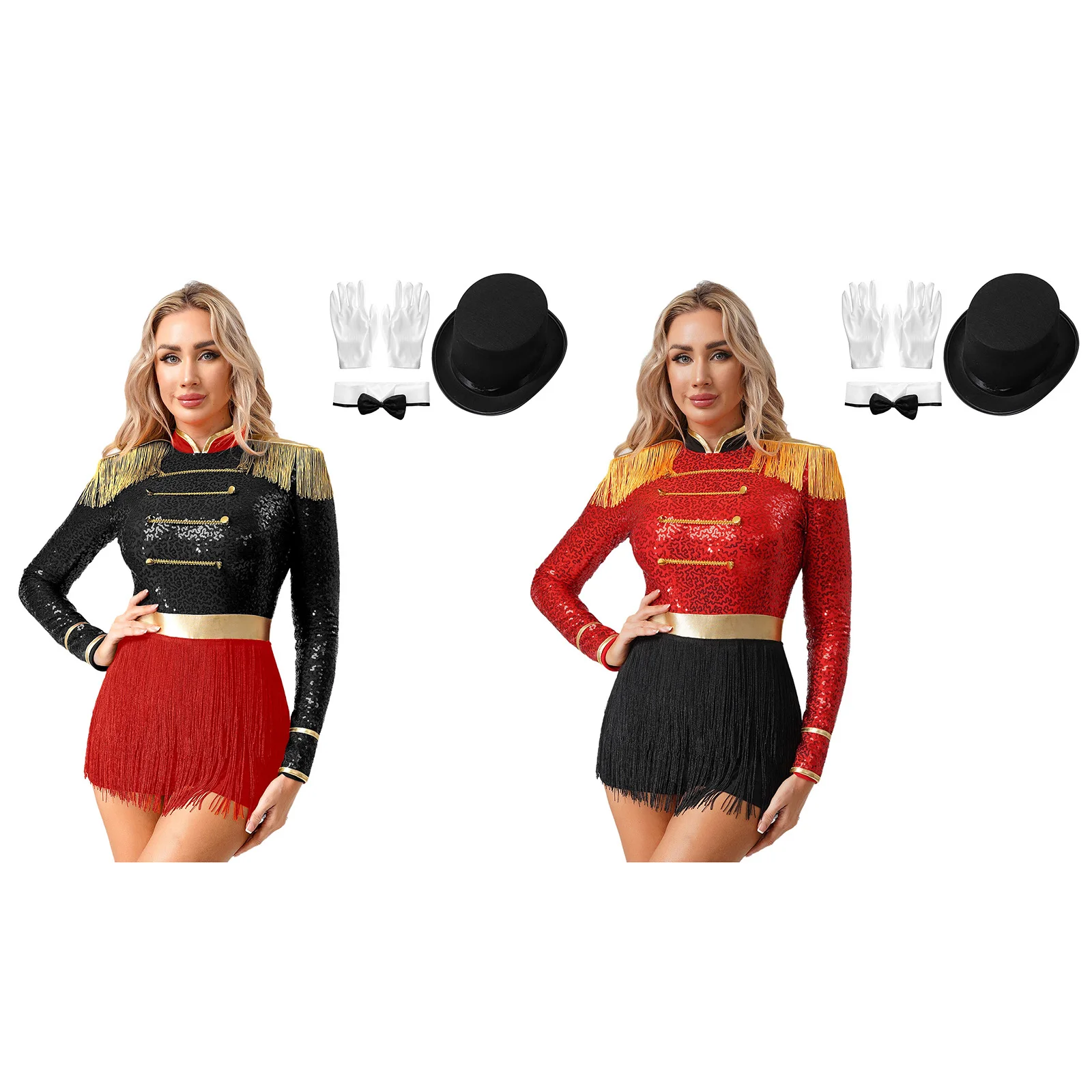 Women Circus Ringmaster Halloween Costume Cosplay Magician Gloves Dress-up Set Epaulets Tiered Fringe Bodysuit with Hat Bowtie
Women Circus Ringmaster Halloween Costume Cosplay Magician Gloves Dress-up Set Epaulets Tiered Fringe Bodysuit with Hat Bowtie