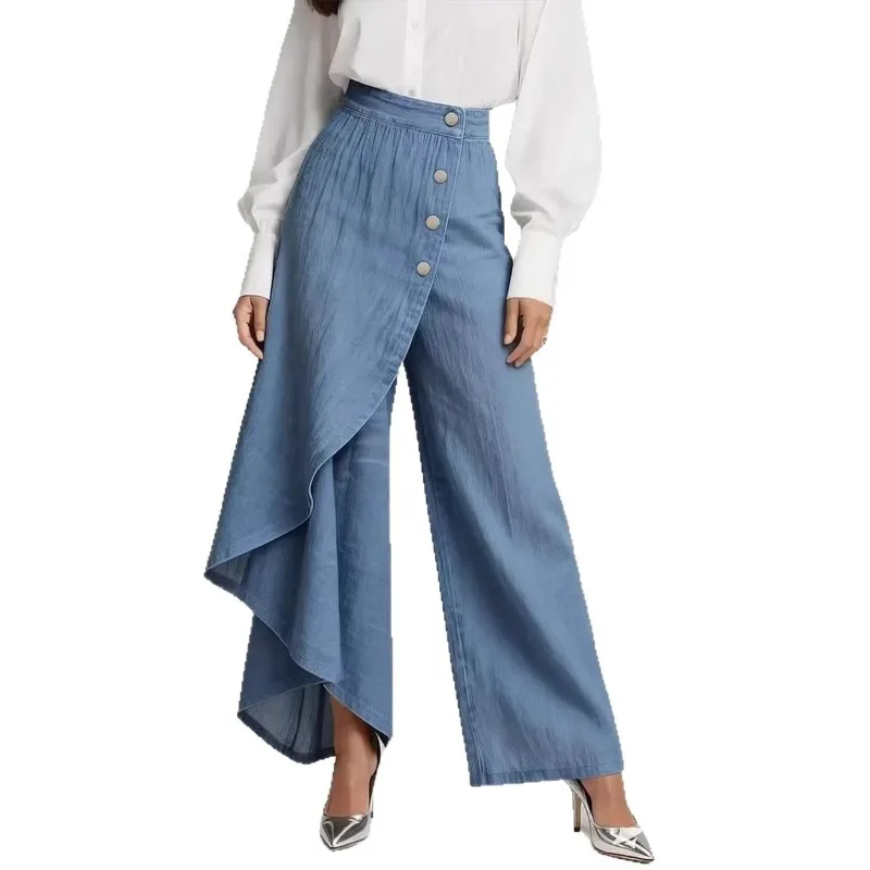 Women's Denim Look Wide Leg Pants Asymmetrical Ruffle Hem Button Detail High Waist Casual Trousers
Women's Denim Look Wide Leg Pants Asymmetrical Ruffle Hem Button Detail High Waist Casual Trousers