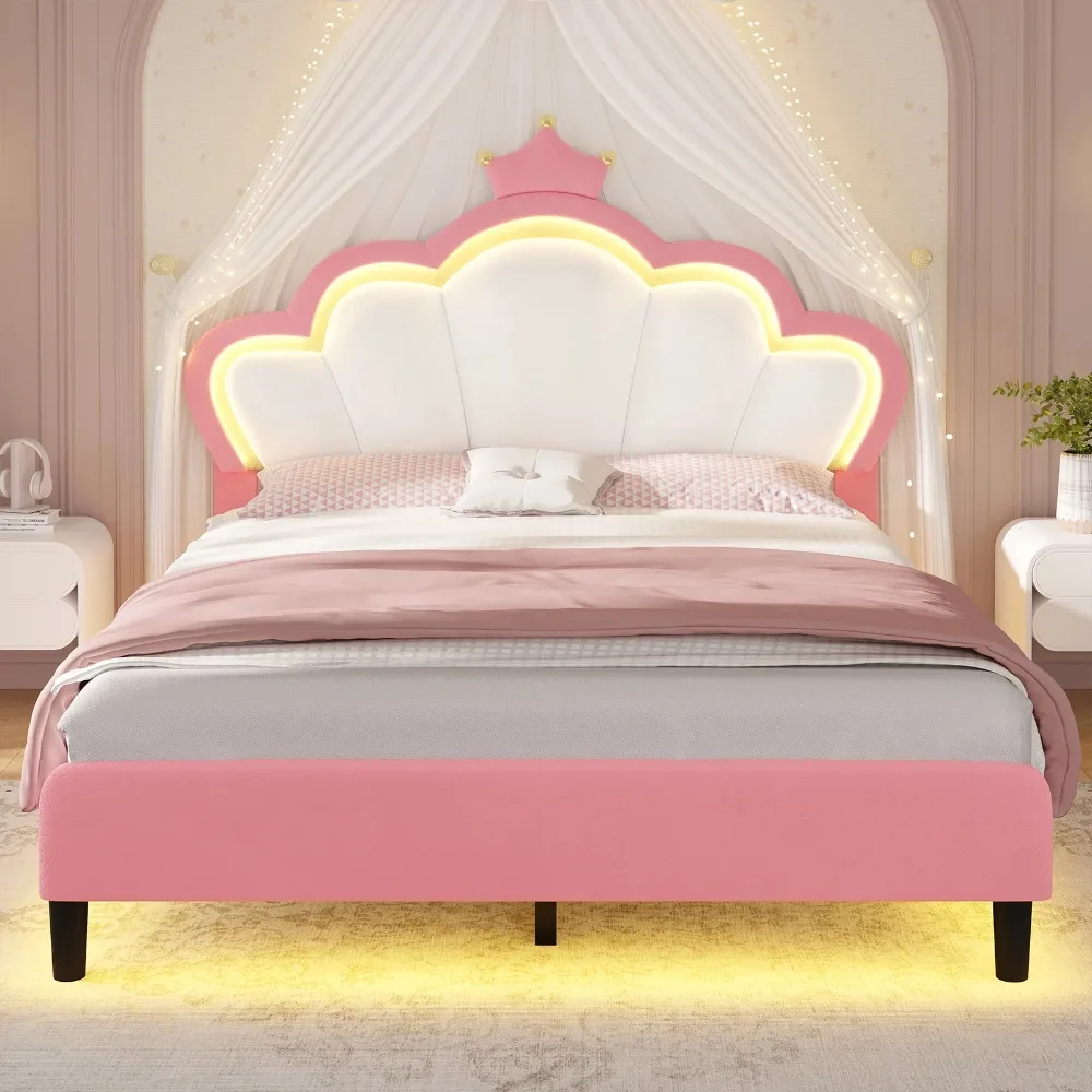 Full Size Bed with LED Lights, Pink Princess Girl Beds Frame with Headboard, Velvet Upholstered Platform Bed with Princess Crown
Full Size Bed with LED Lights, Pink Princess Girl Beds Frame with Headboard, Velvet Upholstered Platform Bed with Princess Crown