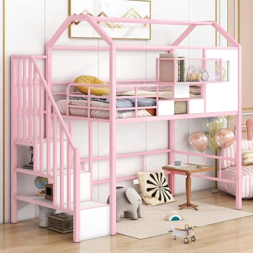 Twin House-Style Bed with Slide and Stairs, Metal Bed with Storage Shelves for Kids, Pink
Twin House-Style Bed with Slide and Stairs, Metal Bed with Storage Shelves for Kids, Pink