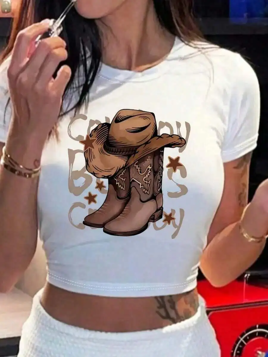 Womens Y2K Western Cowgirl Print Cropped T-Shirt With Cowboy Hat Boots Design
Womens Y2K Western Cowgirl Print Cropped T-Shirt With Cowboy Hat Boots Design