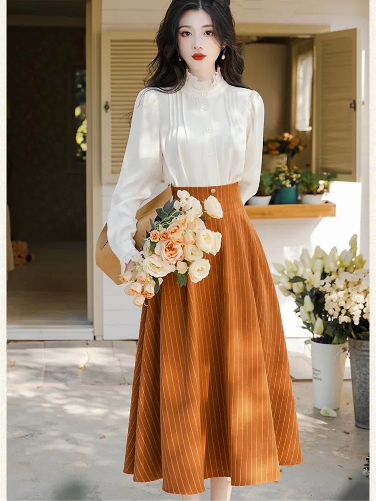 Spring Retro Two Piece Set Women Long Sleeved Shirt Top+Vertical Stripes Chic Vintage Strap Dress Suit Elegant Casual Clothes
Spring Retro Two Piece Set Women Long Sleeved Shirt Top+Vertical Stripes Chic Vintage Strap Dress Suit Elegant Casual Clothes