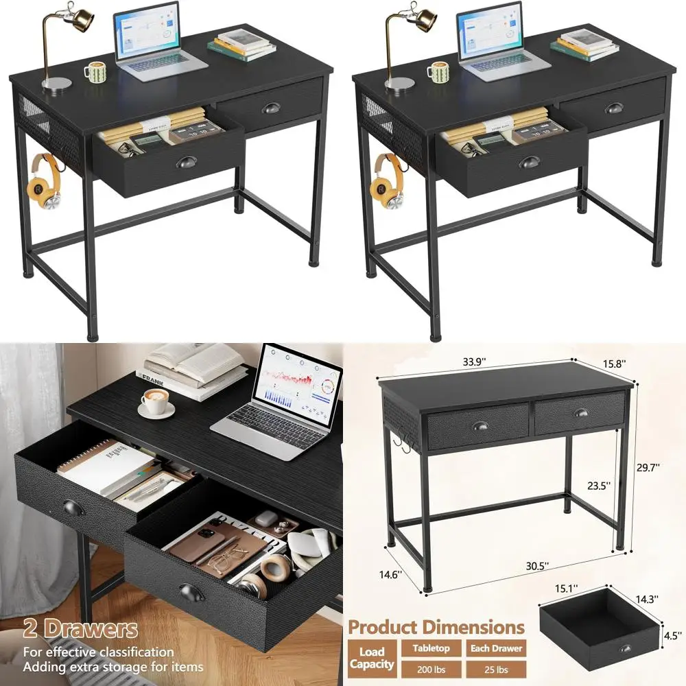 Compact 2-Drawer Fabric Computer Desk for Bedroom, 34 Space-Saving Desk for Home Office, Study Writing Table with Hooks, Black
Compact 2-Drawer Fabric Computer Desk for Bedroom, 34 Space-Saving Desk for Home Office, Study Writing Table with Hooks, Black