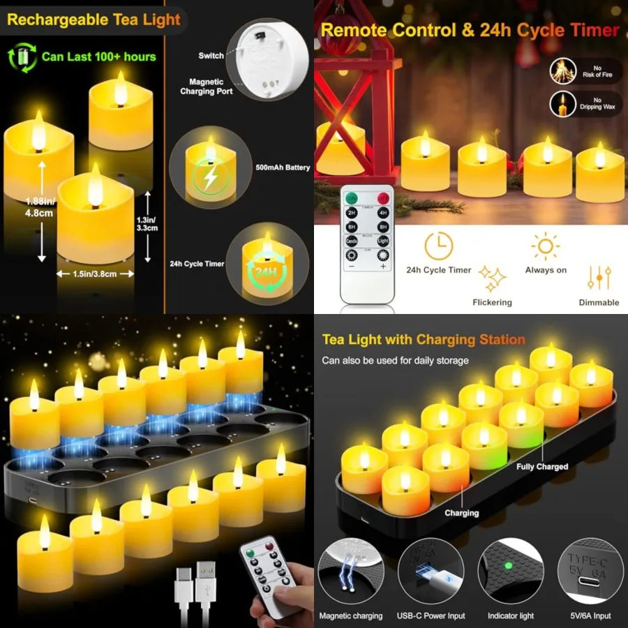Upgraded Rechargeable Tea Lights with Wireless Base, Flameless LED Candles with Remote and Timer, 100+H Battery Operated Candle
Upgraded Rechargeable Tea Lights with Wireless Base, Flameless LED Candles with Remote and Timer, 100+H Battery Operated Candle