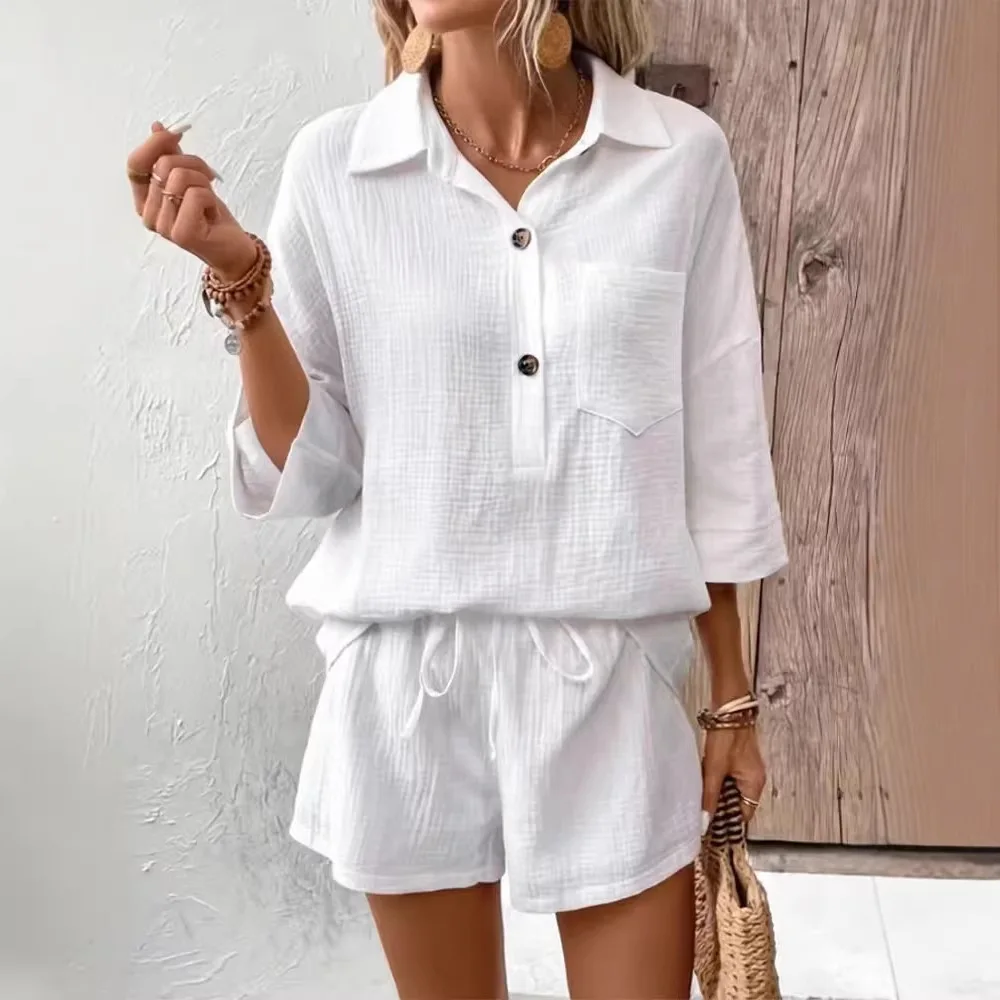 Solid Color Cotton Two Piece Set Summer New Casual Loose Button Front Shirt Short Pants Sets Daily Summer Loungewear Outfit
Solid Color Cotton Two Piece Set Summer New Casual Loose Button Front Shirt Short Pants Sets Daily Summer Loungewear Outfit