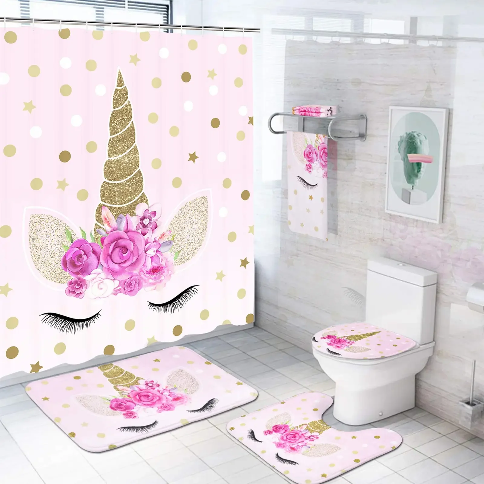 Unicorn Shower Curtain Set with Non-Slip Rugs Toilet Lid Cover Bath Mat Pink Cartoon Unicorn Bathroom Curtain Set for Kids Girl
Unicorn Shower Curtain Set with Non-Slip Rugs Toilet Lid Cover Bath Mat Pink Cartoon Unicorn Bathroom Curtain Set for Kids Girl