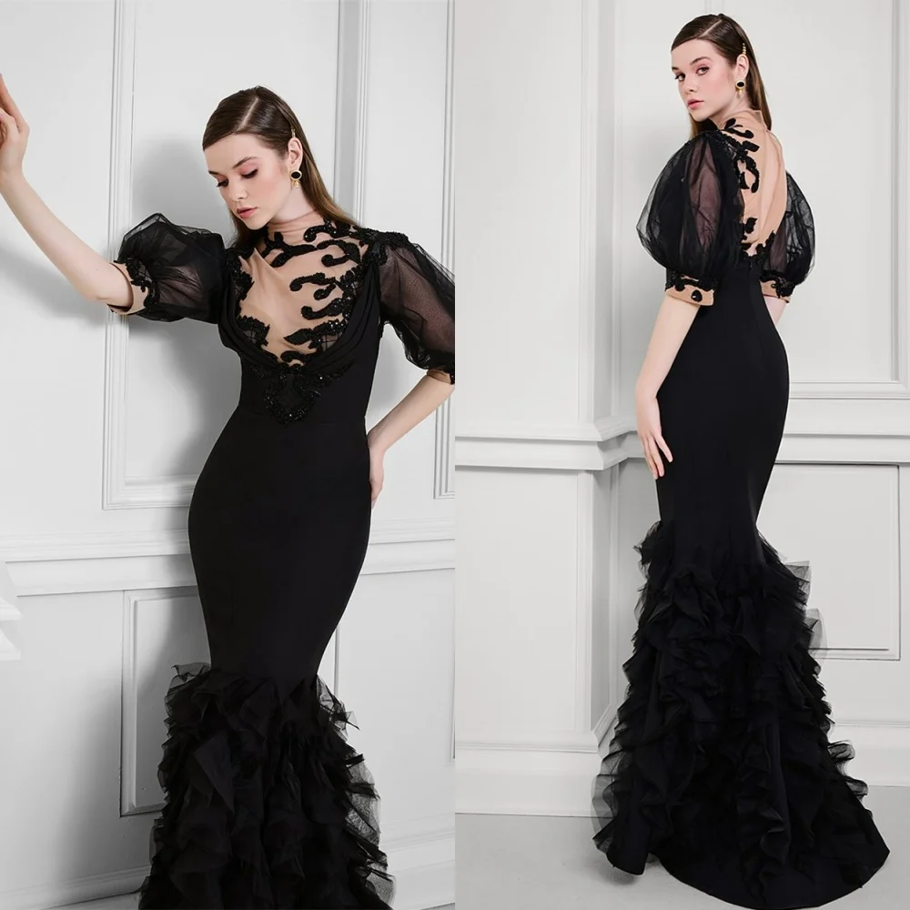 Customized Graceful Black Jersey Evening Dress Classic High Neckline Puff Sleeves Short Sleeves Zipper Back Sequined Prom Dress
Customized Graceful Black Jersey Evening Dress Classic High Neckline Puff Sleeves Short Sleeves Zipper Back Sequined Prom Dress