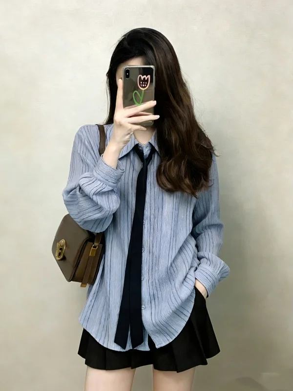Salt Series Light Blue Striped Long Sleeve Tie Shirt Women's Early Spring New Large Size Fat MM Mid-Length Top Korean Style
Salt Series Light Blue Striped Long Sleeve Tie Shirt Women's Early Spring New Large Size Fat MM Mid-Length Top Korean Style