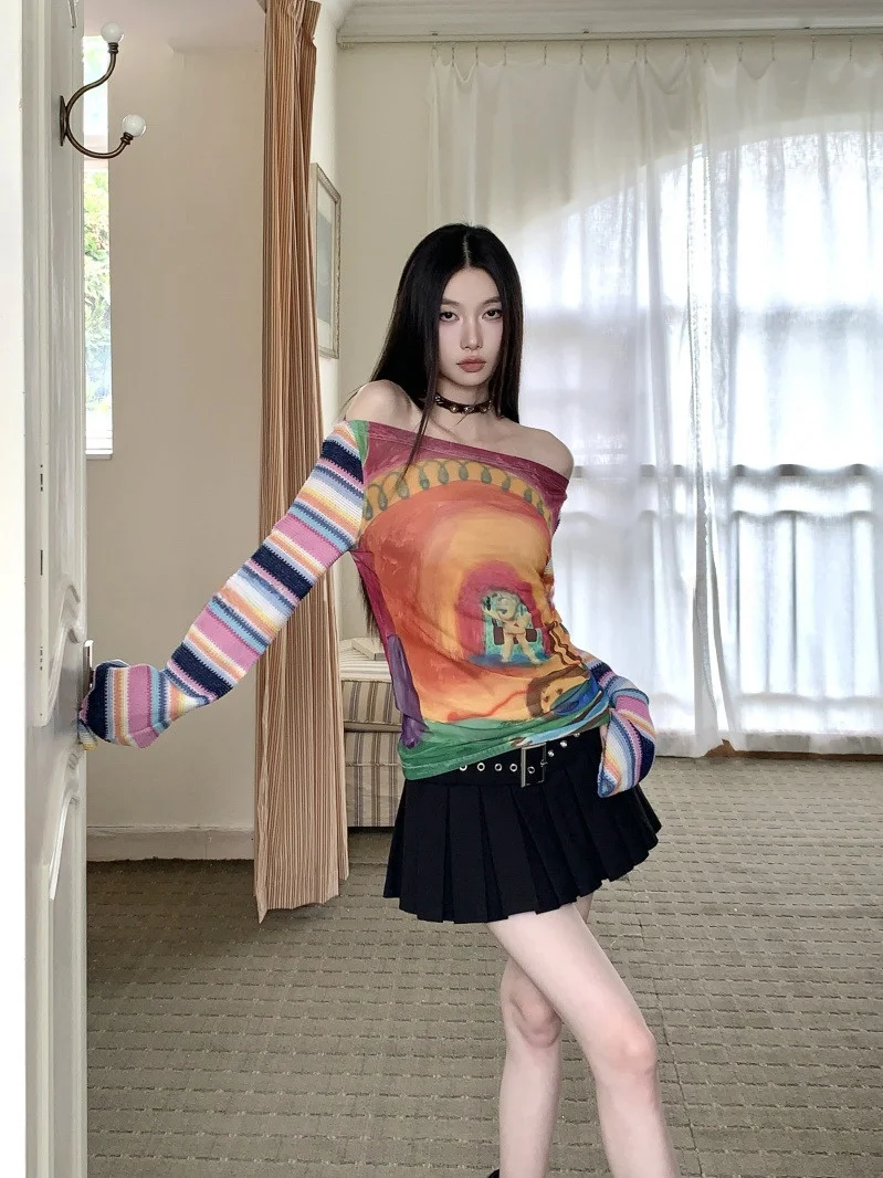 Mipao Aunty Rainbow Swing Spliced Print Shoulder Bared Bell Sleeve Long Sleeve T Shirt One Shoulder Chinese Hanfu Women's Top
Mipao Aunty Rainbow Swing Spliced Print Shoulder Bared Bell Sleeve Long Sleeve T Shirt One Shoulder Chinese Hanfu Women's Top
