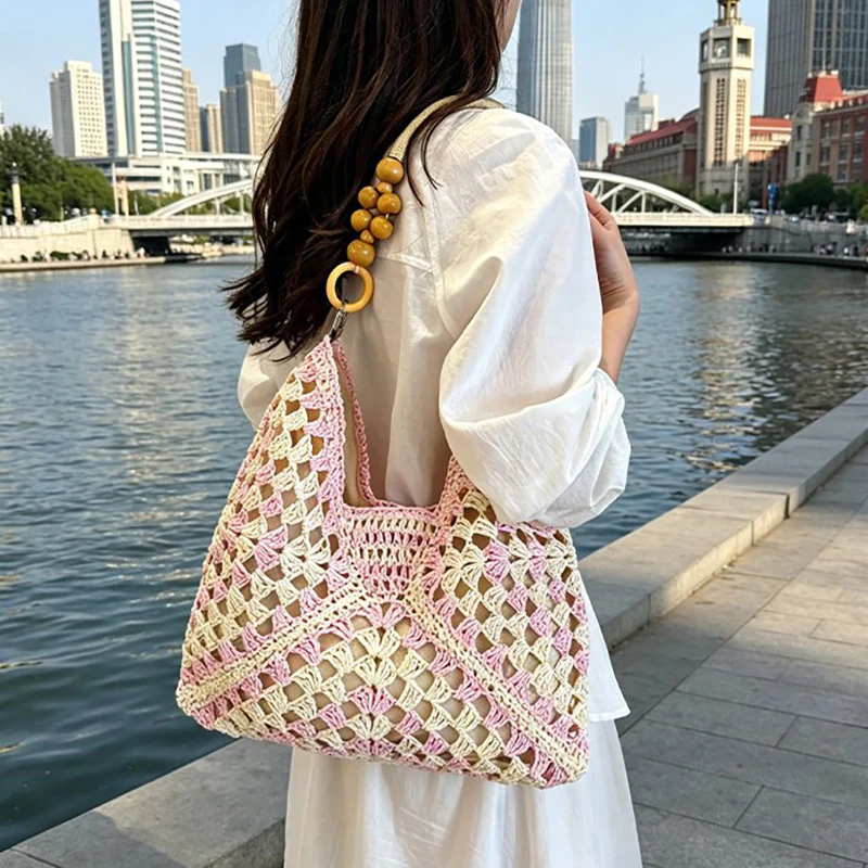 Fashion Retro Woven Hollow Shoulder Bag, Summer Magnetic Buckle Bead Handbag Leisure Multi Functional Women's Vacation Beach Bag
Fashion Retro Woven Hollow Shoulder Bag, Summer Magnetic Buckle Bead Handbag Leisure Multi Functional Women's Vacation Beach Bag