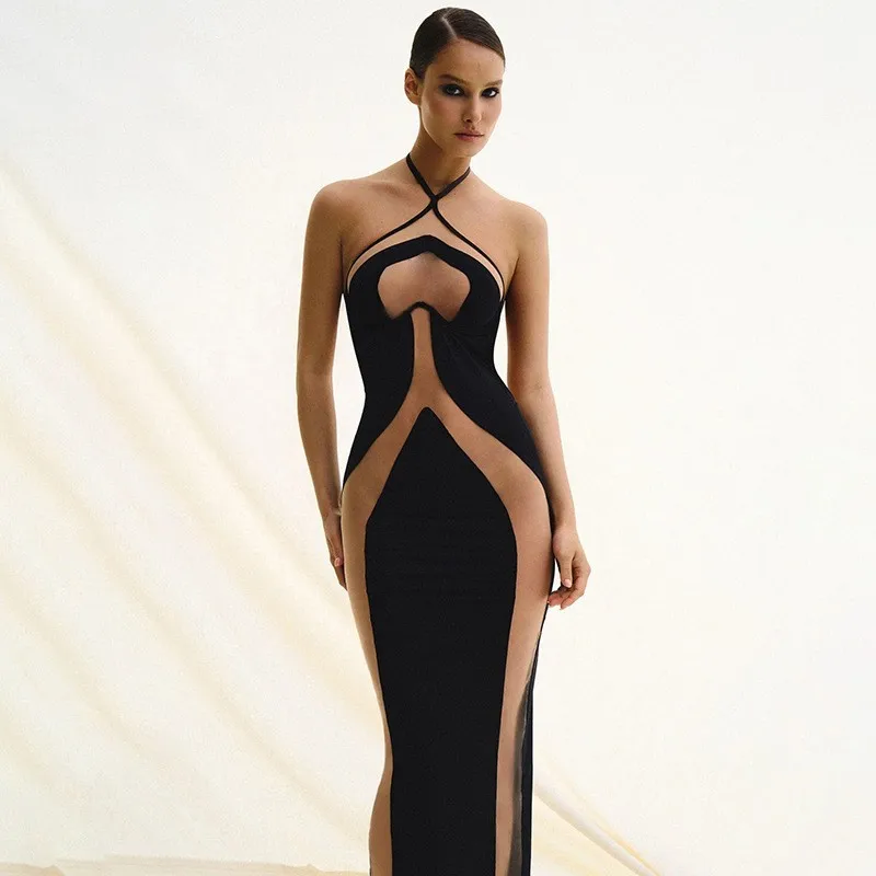 Sexy Mesh Patchwork Halter Neck Dresses Women Lace-up Backless Off-Shoulder See-through Evening Dress Sleeveless Long Party Robe
Sexy Mesh Patchwork Halter Neck Dresses Women Lace-up Backless Off-Shoulder See-through Evening Dress Sleeveless Long Party Robe