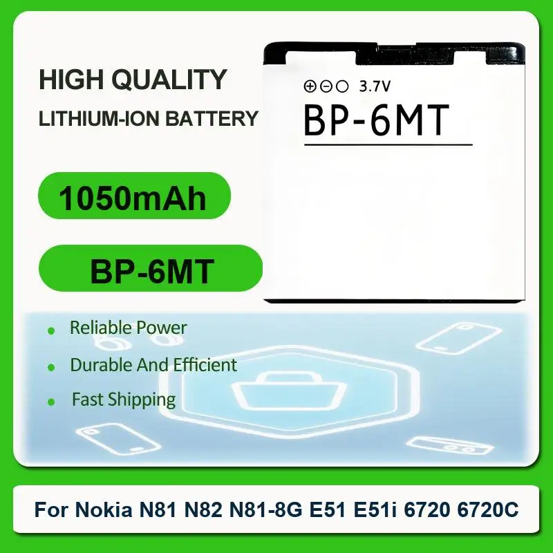 Replacement Mobile Phone Battery For Nokia N81 N82 N81-8G E51 E51i 6720 6720C BP 6MT BP-6MT 1050mAh
Replacement Mobile Phone Battery For Nokia N81 N82 N81-8G E51 E51i 6720 6720C BP 6MT BP-6MT 1050mAh