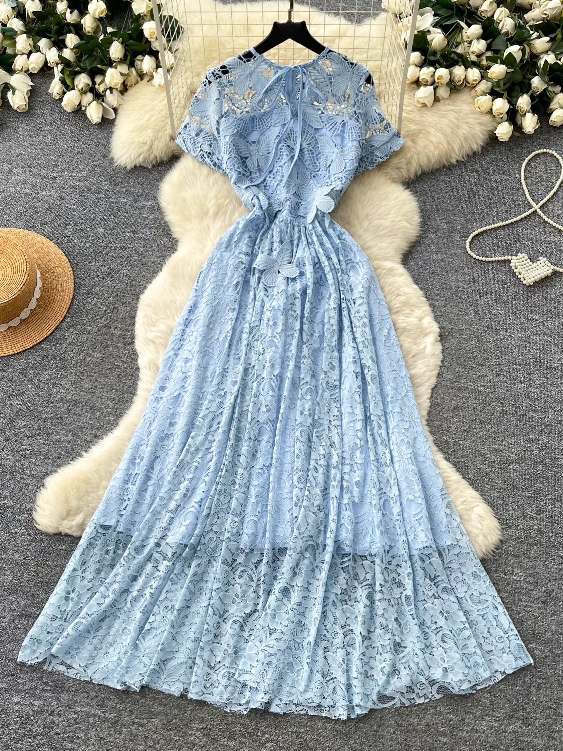 Elegant Lace Hollow out Long Dress Women's Summer Waist Cinched A-Line Dress Gentle Breeze Style Knot Tie Dress Korean Version
Elegant Lace Hollow out Long Dress Women's Summer Waist Cinched A-Line Dress Gentle Breeze Style Knot Tie Dress Korean Version