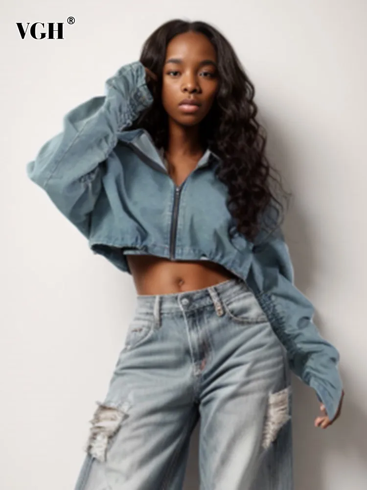 VGH Solid Casual Short Denim Jackets For Women Stand Collar Long Sleeve Spliced Drawstring Minimalist Loose Jacket Female Style
VGH Solid Casual Short Denim Jackets For Women Stand Collar Long Sleeve Spliced Drawstring Minimalist Loose Jacket Female Style