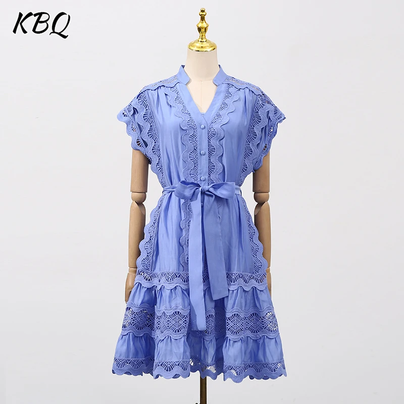 KBQ Solid Spliced Lace Up Tunic Dresses for Women Stand Collar Short Sleeve High Waist Temperament Hollow Out Dress Female New
KBQ Solid Spliced Lace Up Tunic Dresses for Women Stand Collar Short Sleeve High Waist Temperament Hollow Out Dress Female New