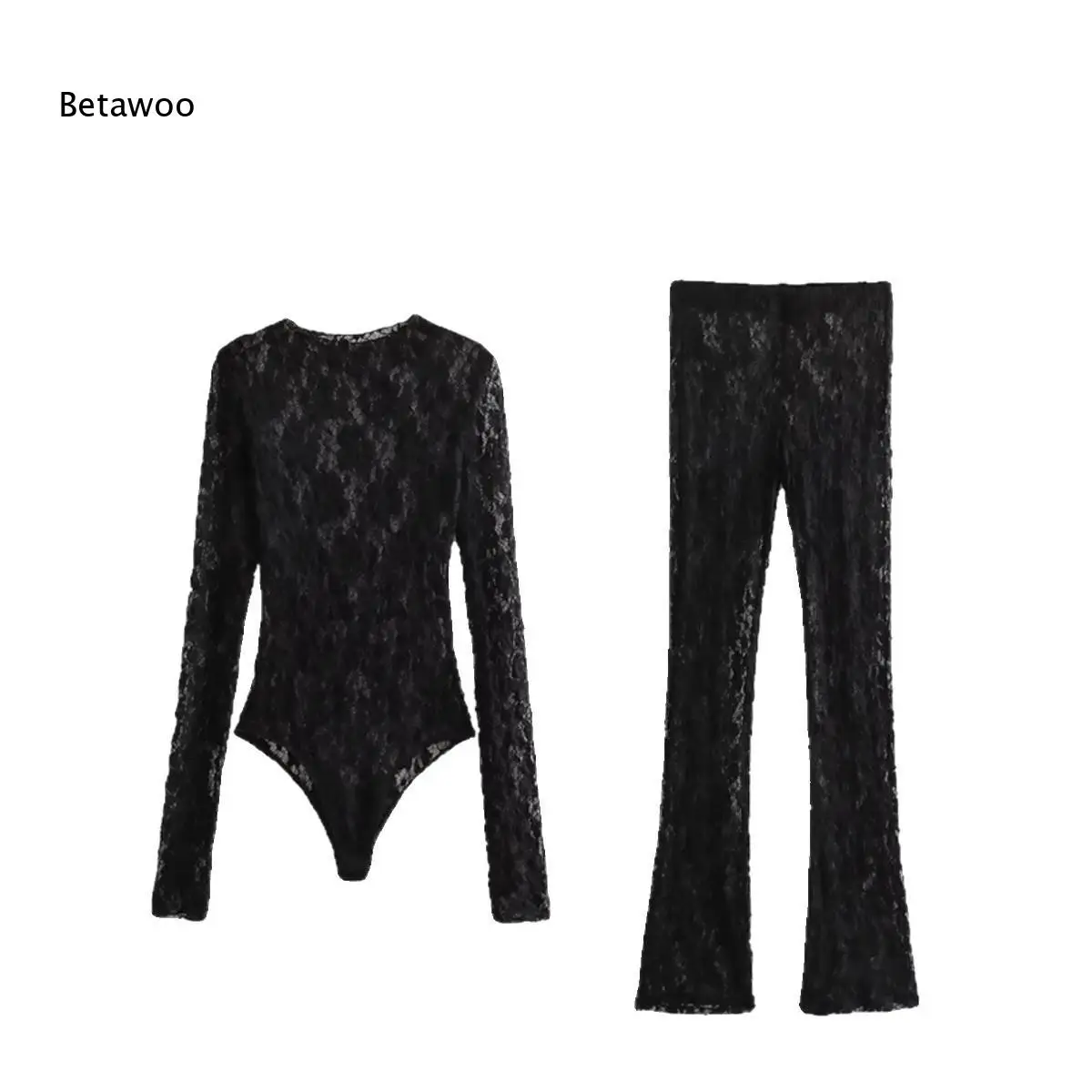 Women Black Lace Long Sleeve Bodysuit and High Waist Flared Pants Two Piece Fashion Outfit for Daily Stylish Wear
Women Black Lace Long Sleeve Bodysuit and High Waist Flared Pants Two Piece Fashion Outfit for Daily Stylish Wear