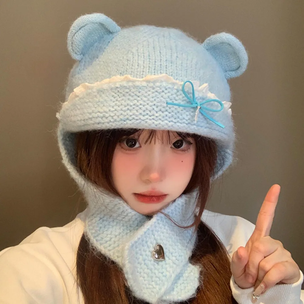 Cute Sweet Bear Ear Knitted Hat Bow Keep Warm Neck Collar Beanies Cap Polyester Ear Protection Pullover Cap Outdoor
Cute Sweet Bear Ear Knitted Hat Bow Keep Warm Neck Collar Beanies Cap Polyester Ear Protection Pullover Cap Outdoor