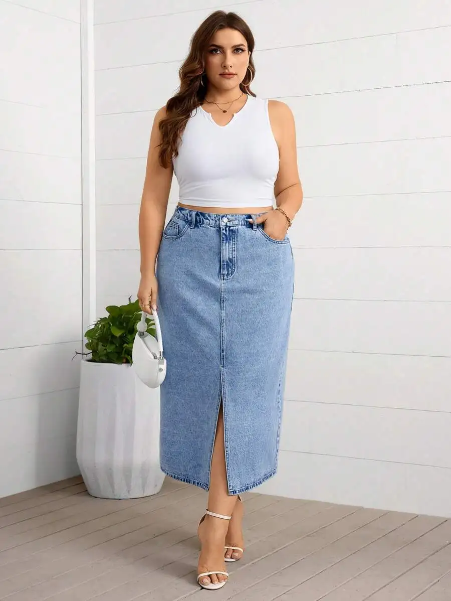 Plus Size Denim Midi Skirt With Front Button Pocket And Front Slit Casual
Plus Size Denim Midi Skirt With Front Button Pocket And Front Slit Casual