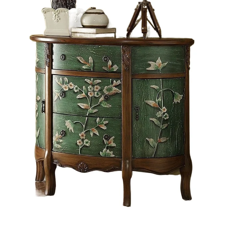 Retro painted three-bucket Solid wood semi-round Mediterranean entrance cabinet Storage
Retro painted three-bucket Solid wood semi-round Mediterranean entrance cabinet Storage