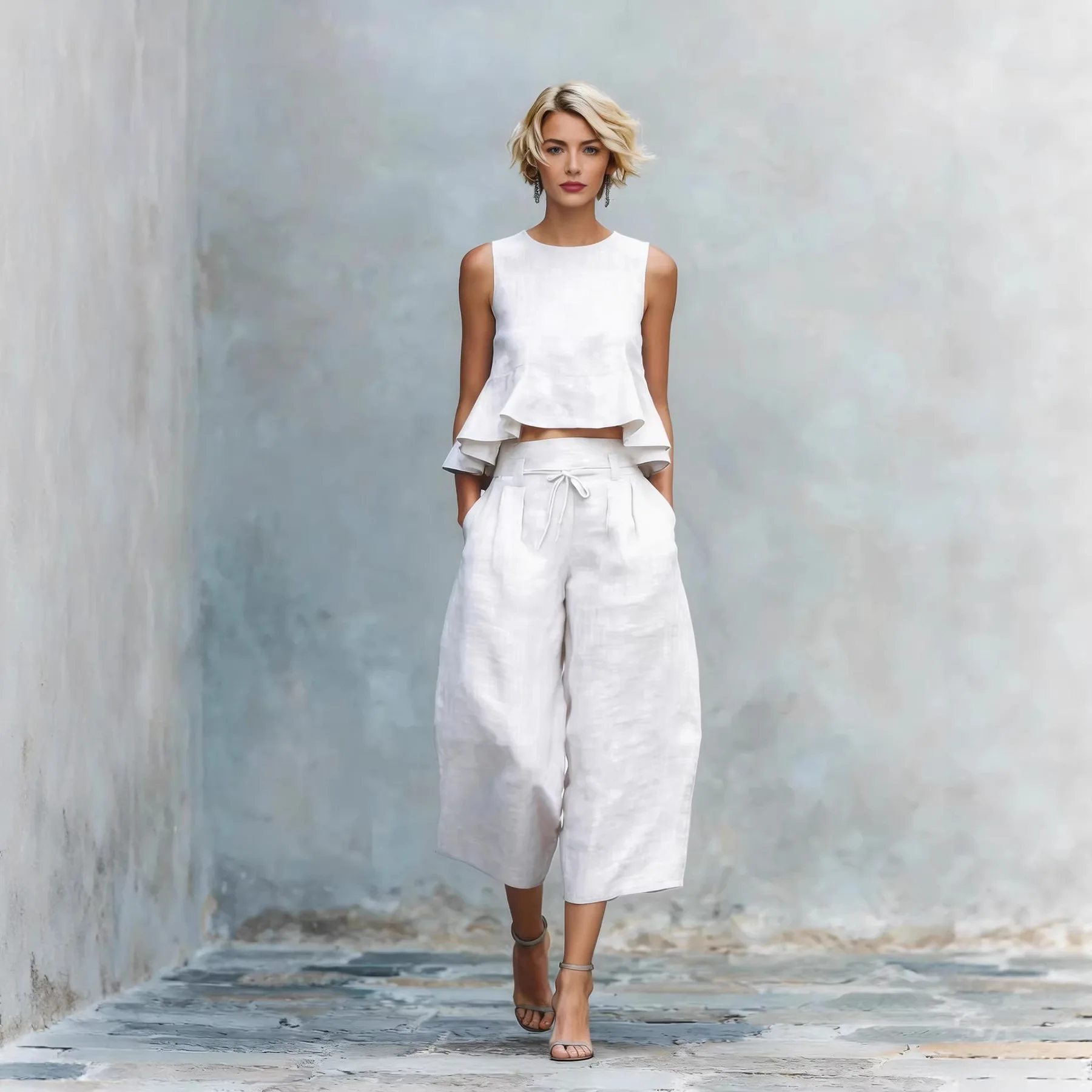 Summer Ruffle Hem Linen Mix Outfit Ladies Casual Suit
Summer Ruffle Hem Linen Mix Outfit Ladies Casual Suit