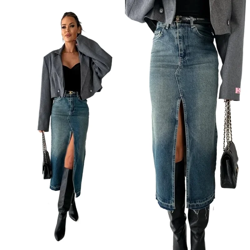 Fashion High Quality Casual Women's Long Denim Skirts Commuting Casual Mid Waist Split Front Midi Jean Skirts with Pockets
Fashion High Quality Casual Women's Long Denim Skirts Commuting Casual Mid Waist Split Front Midi Jean Skirts with Pockets