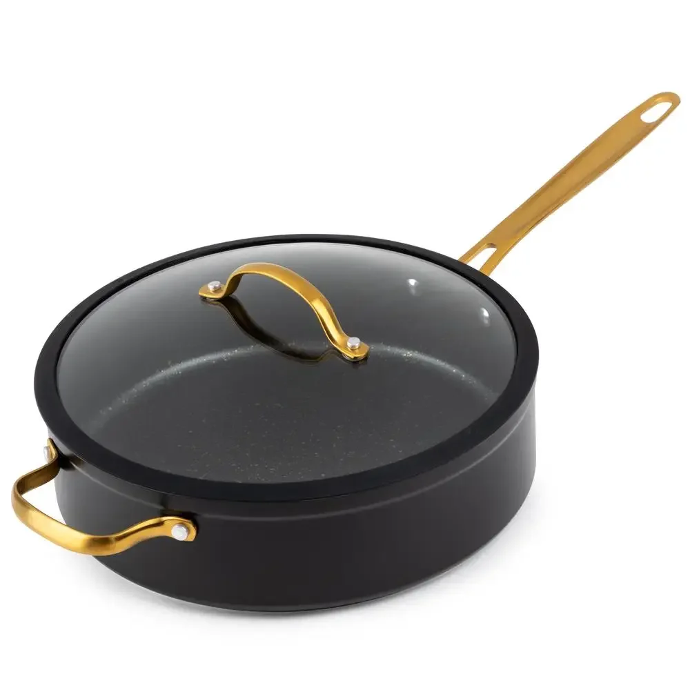 5 Quart Non-Stick Saute Pan with Glass Lid Stainless Steel Base Oven Safe Induction Compatible Black & Gold Handles Kitchen
5 Quart Non-Stick Saute Pan with Glass Lid Stainless Steel Base Oven Safe Induction Compatible Black & Gold Handles Kitchen