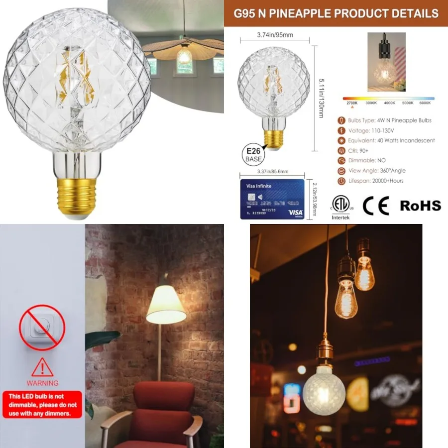 40 Watt Decorative Vintage LED Light Bulbs, N Pineapple 4W LED Filament Edison Bulb, 2700K Oversized Warm Lights, Non-Dimmable
40 Watt Decorative Vintage LED Light Bulbs, N Pineapple 4W LED Filament Edison Bulb, 2700K Oversized Warm Lights, Non-Dimmable
