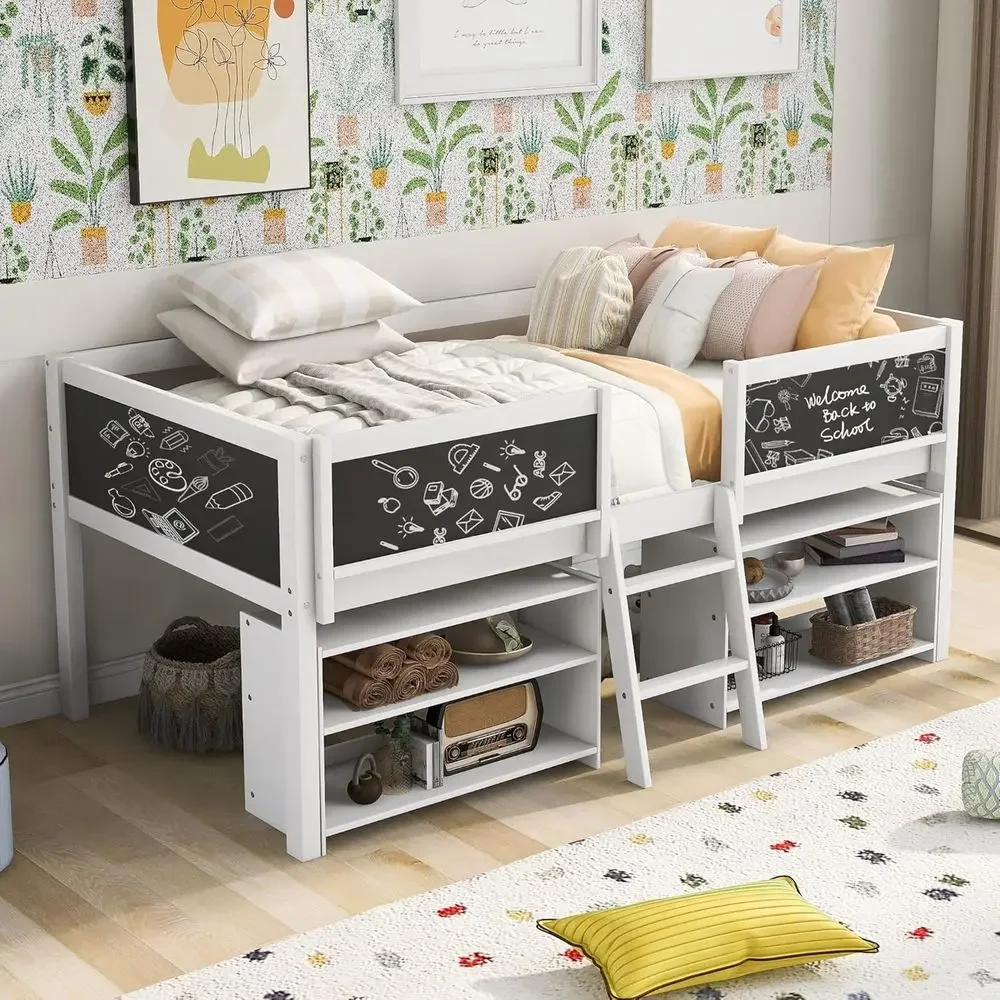Twin Size Low Loft Bed with 2 Shelves, Guardrails, Chalkboard, White, Ladder & Storage
Twin Size Low Loft Bed with 2 Shelves, Guardrails, Chalkboard, White, Ladder & Storage