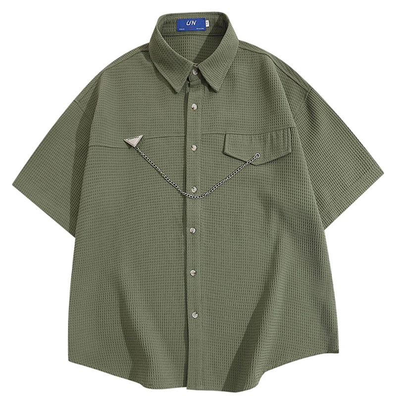 Waffle Lattice Shirt Mens Summer Necklace Pocket Decoration Retro Casual Loose Lapel Short Sleeve Single Breasted Shirts Men Top
Waffle Lattice Shirt Mens Summer Necklace Pocket Decoration Retro Casual Loose Lapel Short Sleeve Single Breasted Shirts Men Top