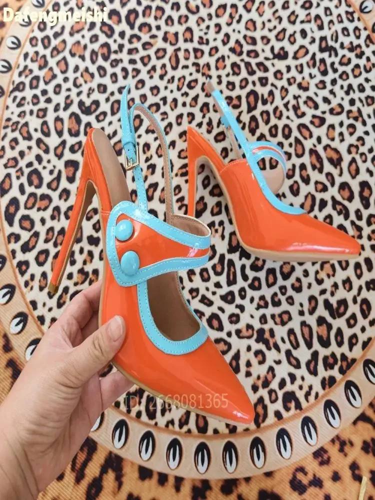 Orange Patent Leather Light Blue Trim Pointed Toe Sandals Summer Slingback Stiletto Heel Fashion Pumps Women Party Fashion Shoes
Orange Patent Leather Light Blue Trim Pointed Toe Sandals Summer Slingback Stiletto Heel Fashion Pumps Women Party Fashion Shoes