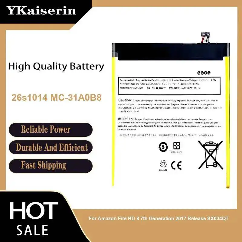 Аккумулятор для планшета 4750 мАч 26S1014 MC-31A0B8 для Amazon Fire HD 8 7-го поколения (выпуск 2017 г.), быстрая доставка, модель SX034QT
Аккумулятор для планшета 4750 мАч 26S1014 MC-31A0B8 для Amazon Fire HD 8 7-го поколения (выпуск 2017 г.), быстрая доставка, модель SX034QT