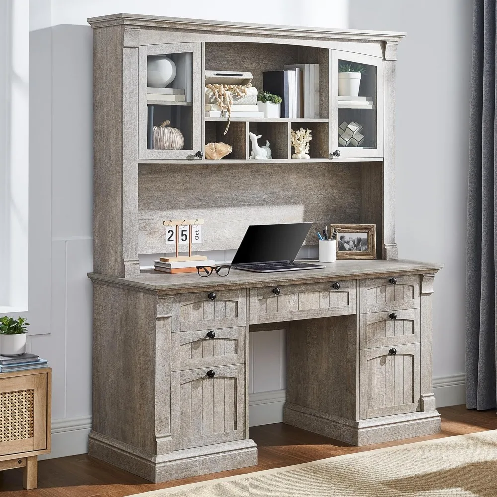 60" Executive Desk with Hutch and Drawers, Farmhouse Home Office Desk with Charging Station, Keyboard Tray, File Cabinet Storag
60" Executive Desk with Hutch and Drawers, Farmhouse Home Office Desk with Charging Station, Keyboard Tray, File Cabinet Storag