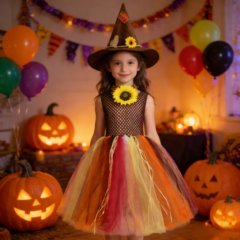 Carnival Party Tutus Ball Gown with Sunflower Witch Hat for Girls Scarecrow Wizard Long Dresses for Kids Halloween Fancy Costume
Carnival Party Tutus Ball Gown with Sunflower Witch Hat for Girls Scarecrow Wizard Long Dresses for Kids Halloween Fancy Costume