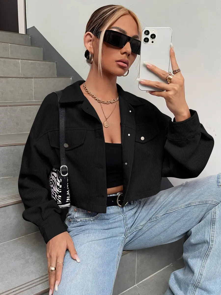 Black Corduroy Crop Jacket with Flap Pockets and Drop Shoulder
Black Corduroy Crop Jacket with Flap Pockets and Drop Shoulder