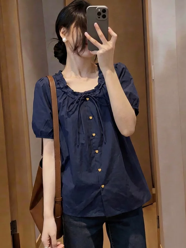 Dark Blue Short Sleeve Shirt Women's plus Size Summer New Style Korean Version Loose Fit round Neck Commute Style Doll Shirt
Dark Blue Short Sleeve Shirt Women's plus Size Summer New Style Korean Version Loose Fit round Neck Commute Style Doll Shirt