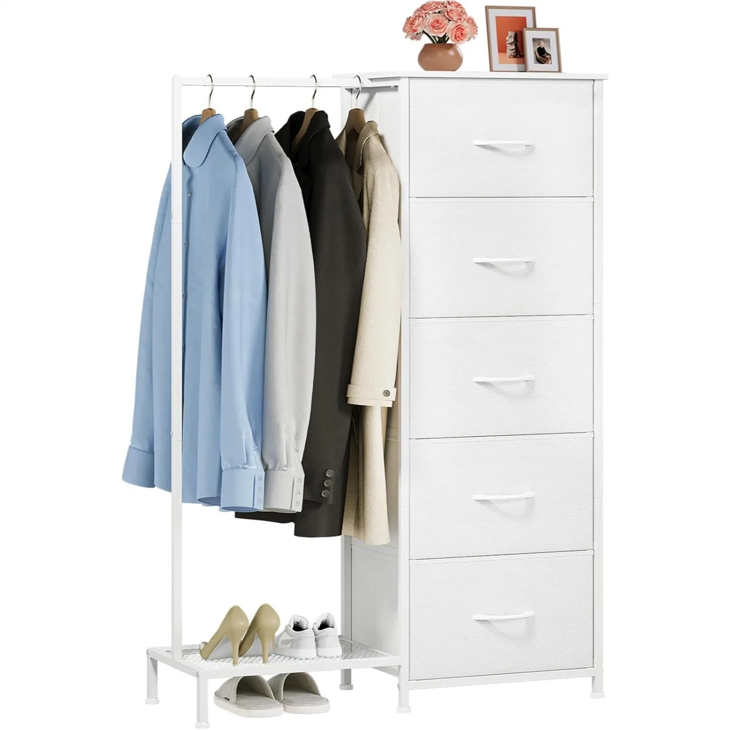Dresser with Hanging Rack, 5 Drawer Tall Storage Tower for Bedroom, Reversible Clothes Rack and Chest, White Leather
Dresser with Hanging Rack, 5 Drawer Tall Storage Tower for Bedroom, Reversible Clothes Rack and Chest, White Leather
