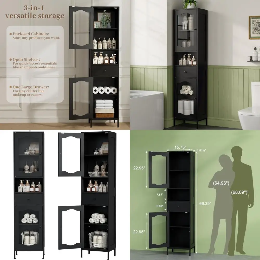 66.4 Tall Adjustable Shelf Glass Door Cabinet - Anti-Tip Organizer for Bathroom, Kitchen, Living Room in Black
66.4 Tall Adjustable Shelf Glass Door Cabinet - Anti-Tip Organizer for Bathroom, Kitchen, Living Room in Black
