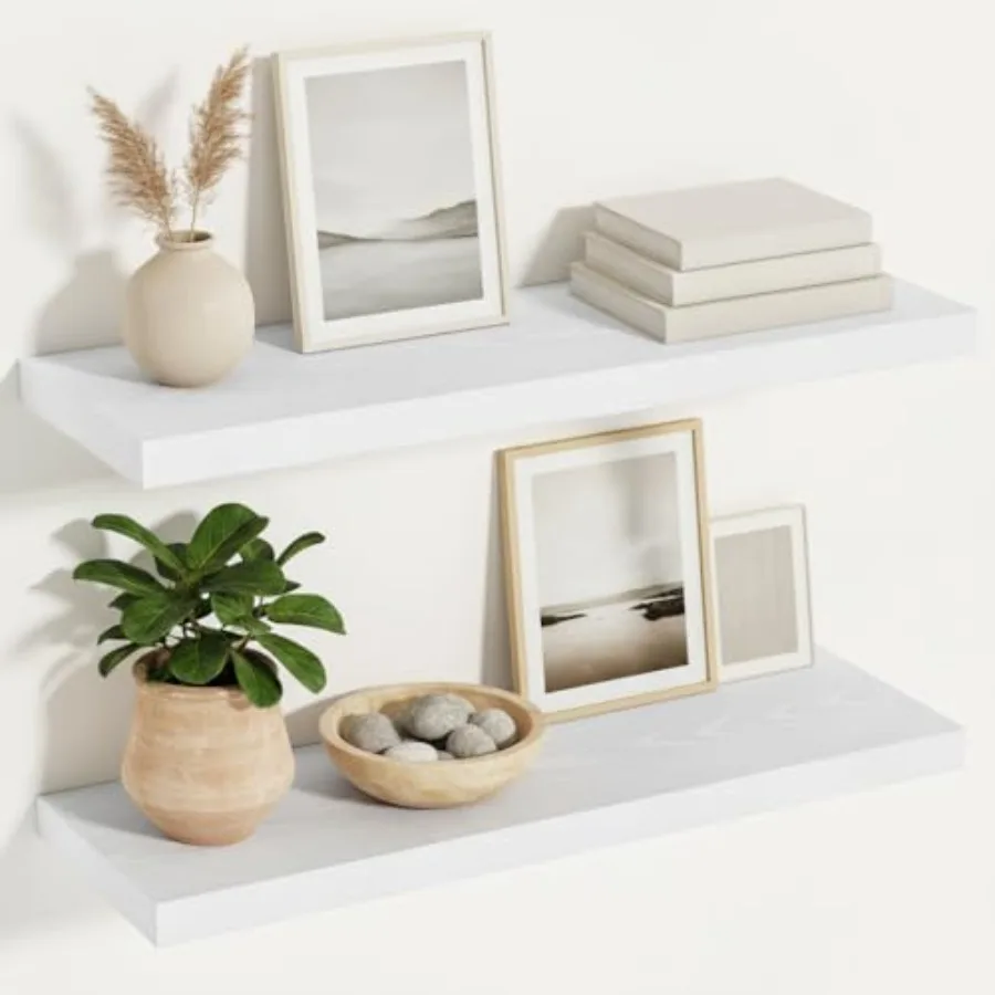 White floating shelves 12 inches deep for living room bedroom bathroom kitchen office; wood grain texture; invisible brackets;
White floating shelves 12 inches deep for living room bedroom bathroom kitchen office; wood grain texture; invisible brackets;