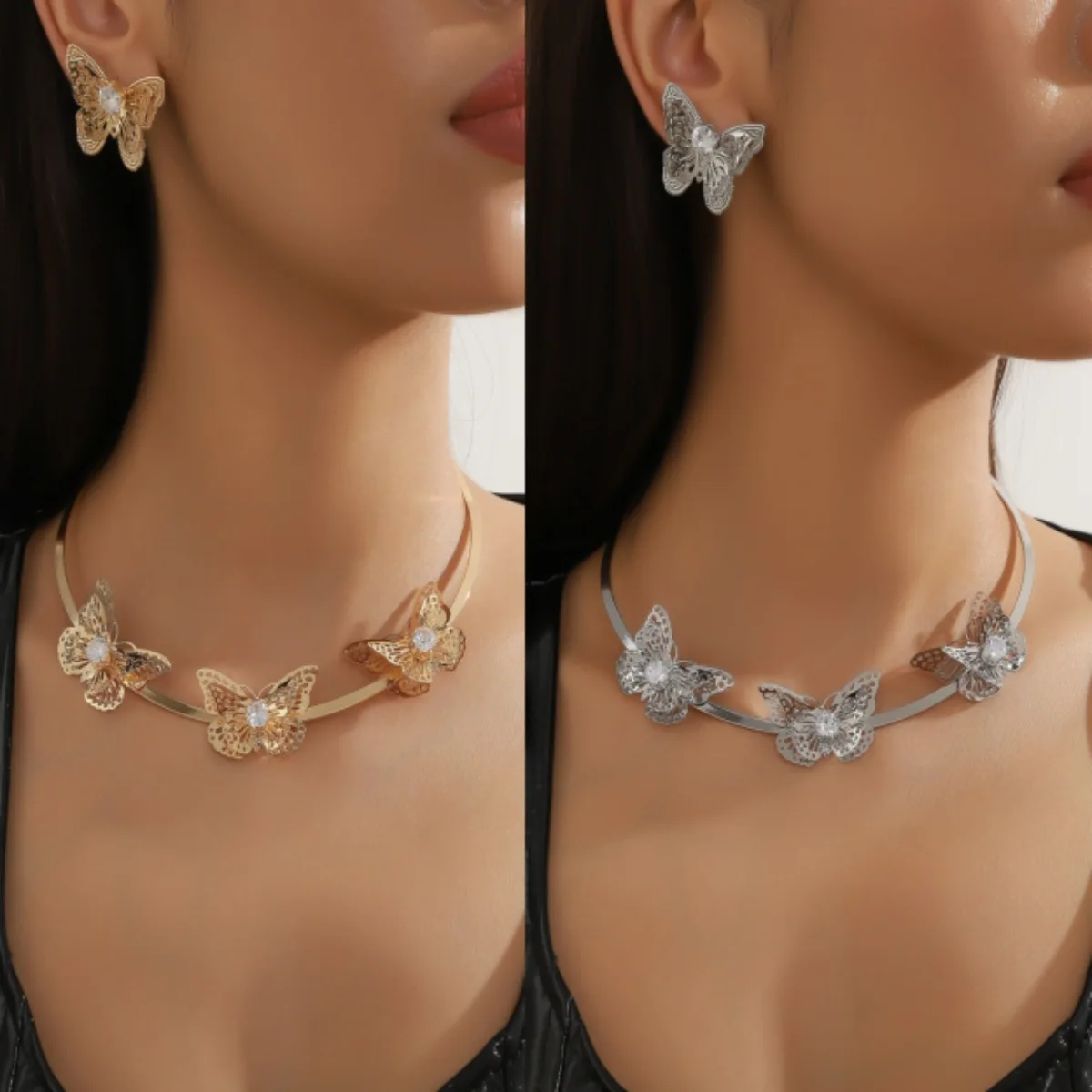 Fashion new metal butterfly stud earrings collar personalized hip-hop jewelry set women's trend accessories
Fashion new metal butterfly stud earrings collar personalized hip-hop jewelry set women's trend accessories