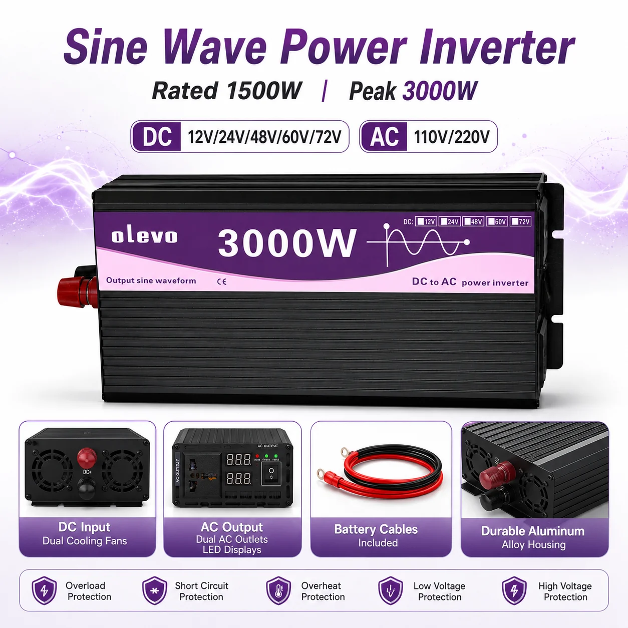Pure Sine Wave Power Inverter 12V 24V 48V 60V 72V to 110V 220V DC to AC Converter 3000W Peak Car RV Solar Inverter
Pure Sine Wave Power Inverter 12V 24V 48V 60V 72V to 110V 220V DC to AC Converter 3000W Peak Car RV Solar Inverter