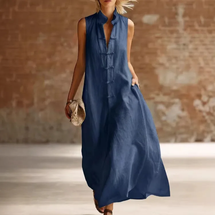 Fashion Vintage Sleeveless Maxi Dress for Women Stand Collar Frog Button Loose Casual Dress Summer Pocket Big Hem Party Dress
Fashion Vintage Sleeveless Maxi Dress for Women Stand Collar Frog Button Loose Casual Dress Summer Pocket Big Hem Party Dress