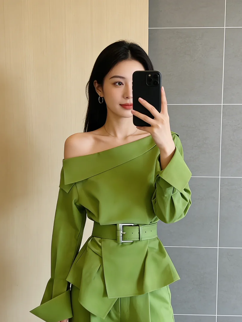 Spring 2026 Women's Green Long Sleeve Shirt Waist Cinched Design French Style Fashion Commute Top Shoulder Bared Slant Shoulder
Spring 2026 Women's Green Long Sleeve Shirt Waist Cinched Design French Style Fashion Commute Top Shoulder Bared Slant Shoulder