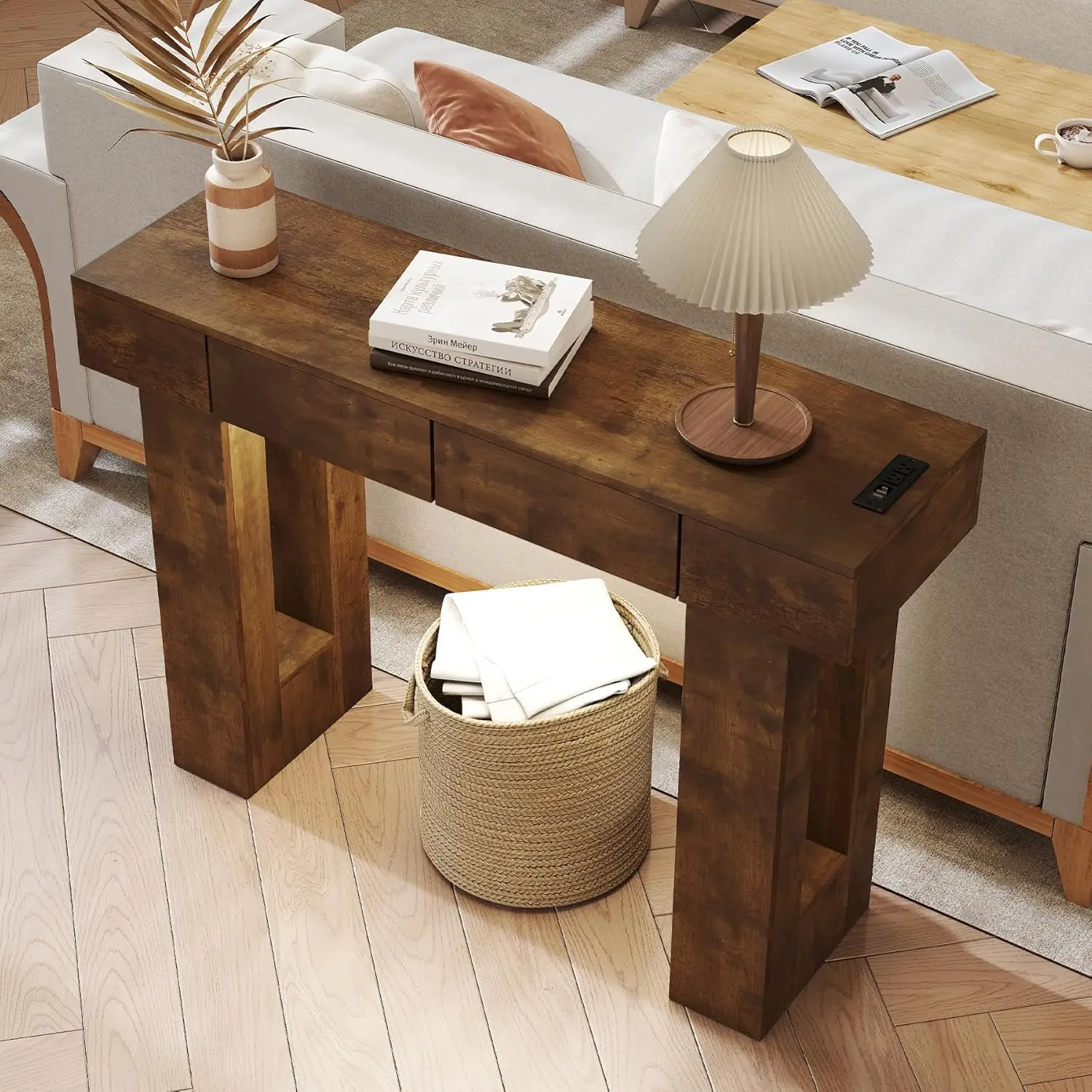 47" Entryway Table with Storage Drawer, Farmhouse Narrow Console Sofa Table with Outlet & LED Light,Wooden Rectangular Side Tabl
47" Entryway Table with Storage Drawer, Farmhouse Narrow Console Sofa Table with Outlet & LED Light,Wooden Rectangular Side Tabl