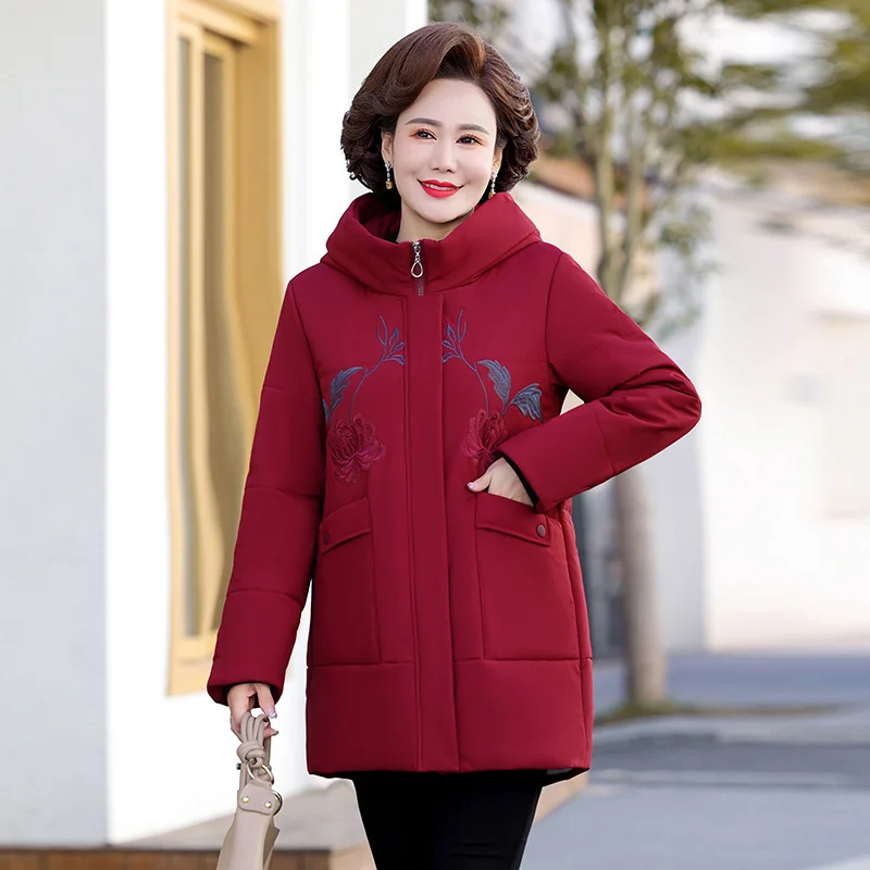 Oversize XL-9XL Middle-Aged Women's Down Cotton-padded Coats Winter Embroidery Hooded Top Fleece Thicken Overcoat Female Jackets
Oversize XL-9XL Middle-Aged Women's Down Cotton-padded Coats Winter Embroidery Hooded Top Fleece Thicken Overcoat Female Jackets