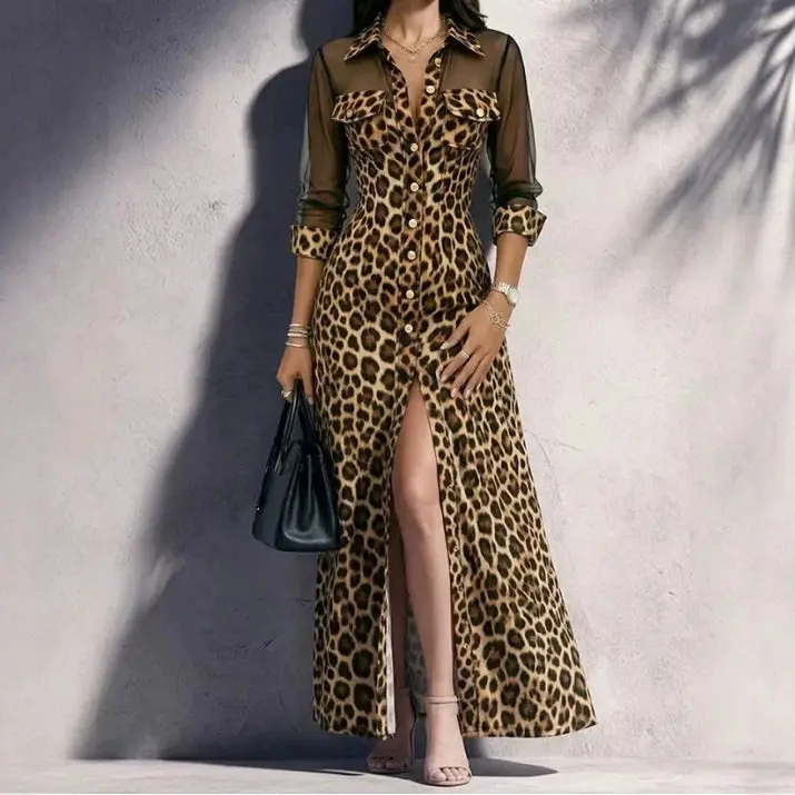 Vintage Tulle Leopard Women's Long Dress with Turndown Collar Long Sleeve See-Through Gauze Patchwork Elegant Shirt Maxi Dress
Vintage Tulle Leopard Women's Long Dress with Turndown Collar Long Sleeve See-Through Gauze Patchwork Elegant Shirt Maxi Dress